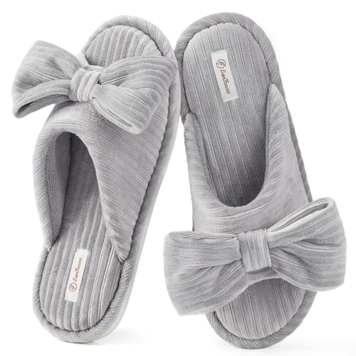 EverFoams Women's Open-Toe Bow Slippers with Memory Foam Indoor House Non-Slip Sole
