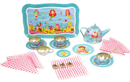 Oojami 23 Piece Childrens Pretend Tin Tea Set Including a Carrying case Mermaid Theme
