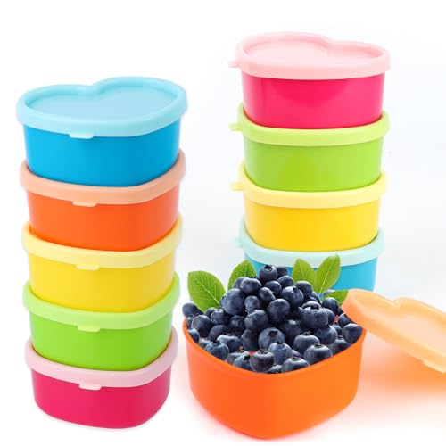 TAIXING Juego de 10 botes pequeños con tapa de plástico en forma de corazón, pequeños congeladores de 5 colores, mini latas con tapa, pequeños para guardar aperitivos y frutas