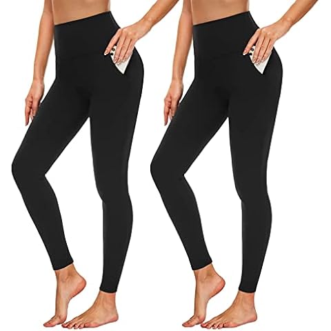ACTINPUT Legging for Women Sports Buttery Soft Yoga Pants with Pockets High Waist Tummy Control Black Leggings Gym Outdoor Workout Athletic Tights(Black+Black,S-M) Cover
