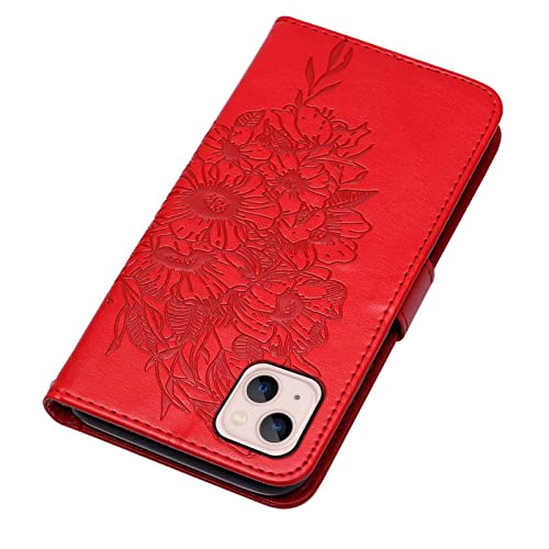 Moment Dextrad Compatible For Iphone 13 Wallet Case,For Iphone 14 Wallet Case 2022,[Kickstand][Wrist Strap][Card Holder Slots] Butterfly Floral Embossed Pu Leather Flip Cover (Red) #TOP7