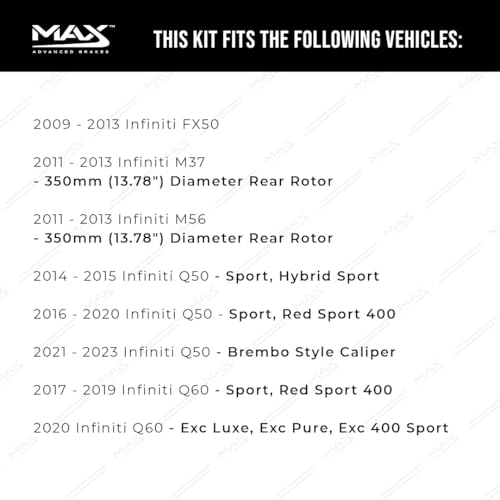 Image of Max Advanced Brakes Rear Brake Kit Compatible With 2014 2015 2016 2017 2018-2023 Infiniti Q50 M37 Q60 Q70 FX50 M56 Replacement Geomet Coated OE Disc Brake Rotors and Ceramic Brake Pads