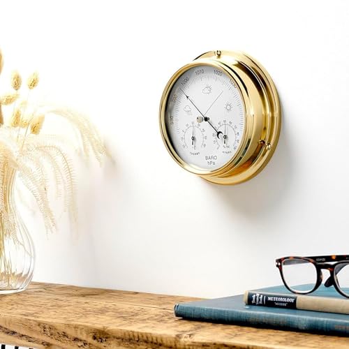 Tabic Handcrafted Brass Barometer with Built-In Hygrometer, Thermometer and Nautical Clock - Sailing Ship Yacht, Marine Coastal Decor - Lacquered Brass (1/2 kg) - Temperature and Humidity Reading