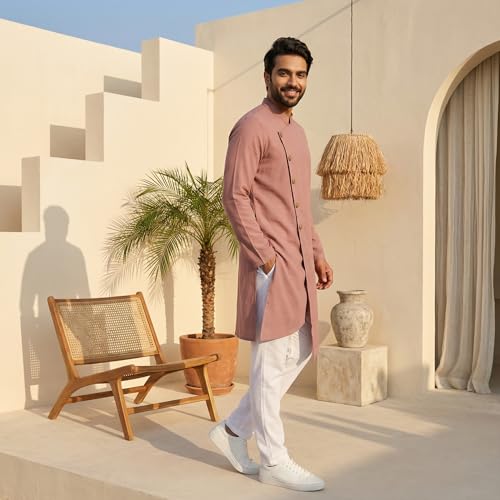Image of OOMPH! Men's Ethnic Traditional Asymmetric Kurta Polycotton Regular Fit | High Neck Full Sleeves | Traditional Indian Festive Kurta | Stylish Casual and Wedding