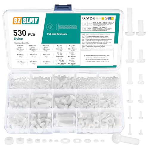 530 Stk Nylon Kunststoff Schrauben und Muttern und Unterlegscheiben Set, Flachkopfschrauben, Kreuzschlitz Rundkopfschrauben Muttern Set, metrische Sechskantschrauben - M2/M2.5/M3/M4/M5/M6
