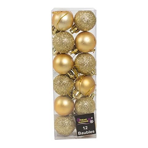12 x 3cm Mini Christmas Baubles - GOLD - Assorted Matt + Glitter Cover