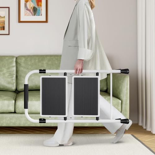 KINGRACK 2 Stufen Leiter, Trittleiter mit Handläufen, Stufenleiter, Klappleiter Tritthocker, Klapptritthocker für Erwachsene mit Griff, Haushaltsleiter Anti-Rutsch-stabilem und breitem Pedal, weiß