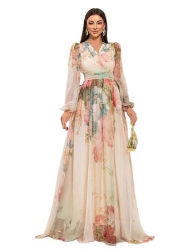 Image of TOLEEN Summer Casual Dresses for Women 2024 Spring Fashion Boho V Neck Long Sleeve Ruffle Floral Print Elegant Maxi Dress