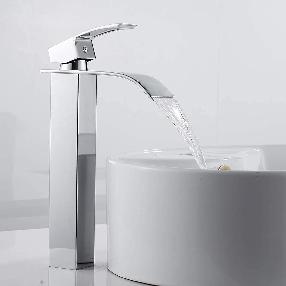 Grifo Lavabo Cascada, Grifo Monomando Lavabo,Grifo Baño Cromado con Agua Fría y Caliente Disponible,Mezclador Monomando Lavabo con Gran Salida de ...