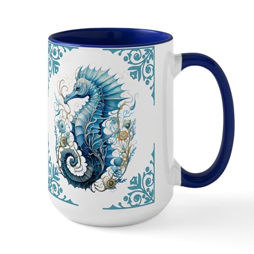 Taza de cerámica 15 oz azul con caballito de mar miniatura 1