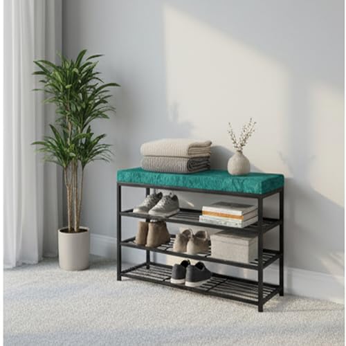 Image of Metal Shoe Rack Bench for Entryway | 3-Tier Shoe Organizer with Comfortable Cushion | Multipurpose Hallway Storage Furniture (Black, Heavy Duty Steel) (Black-Green, 3-Tier Rack)