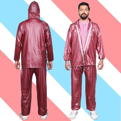 Image of HACER Wood Raincoat Set with Drawstring Hem Adjustable Hood & Pants Rain Gear Wet Weather Protection Rainsuit with Carrying Pouch