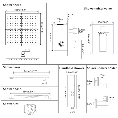 RUMOSE Rainfall Shower System with 4 Full Body Jet 4 Mode Shower Faucet Set with 12 Inch Rain Shower Head and 2 in 1 Handheld Spray, Matte Black Brass Shower Jet Shower Fixtures, Wall Mounted