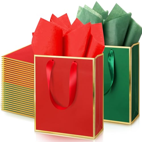 Yeaqee 50 Pack Metallic Paper Gift Bag Bulk with Handle, Red Green