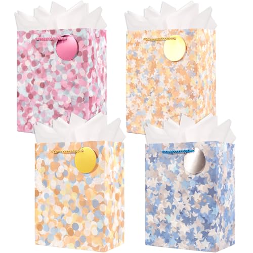 4 Pack 9Inch Gift Bags With Tissue Paper and Gift Tag Paper Bags Bulk for Mothers Day Women Birthdays Valentines Day Christmas Anniversaries Weddings Party Supplies