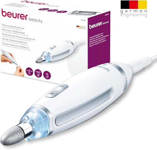 Beurer MP 62 Maniküre-/ Pediküre-Set, elektrische Nagelfeile mit 10 hochwertigen Nagelpflege-Aufsätzen, LED Licht, Nagelfräser mit stufenloser Geschwindigkeitsregelung, mit Aufbewahrungstasche, Weiß