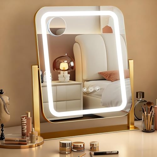 Ratsamee Espejo Maquillaje con Luz, Espejo Tocador 3 Modos de Luz, Intensidad Ajustable, Control Táctil, Giratorio 360°, Accesorio de Aumento Incluido, 32 x 37cm, Dorado