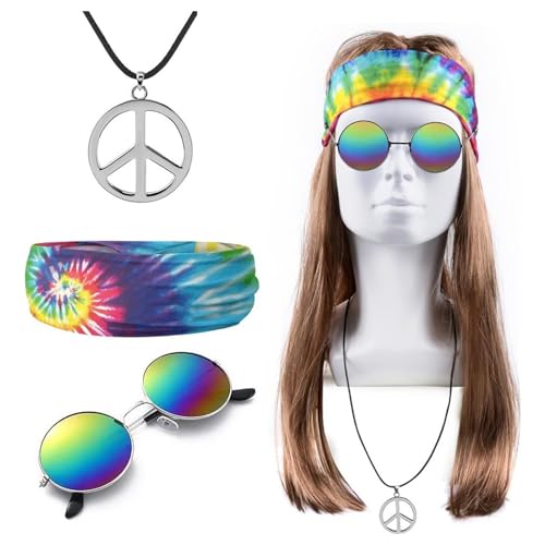 DKDDSSS Conjunto de 4 disfarces hippie, conjunto de disfarces hippies, conjunto disfarce hippie anos 70, acessórios hippie, para festa de carnaval temática dos anos 70 Halloween