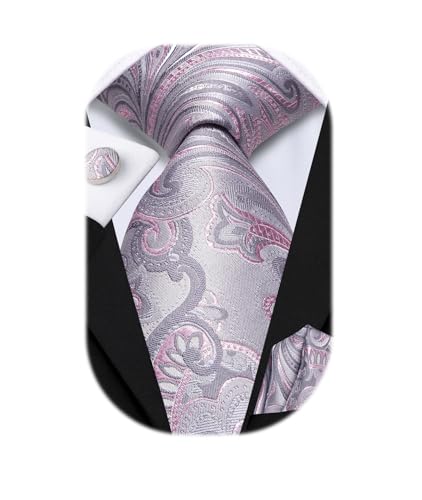 Image of Hi-Tie Men Ties Sets Silk Stripe Paisley Necktie Pocket Square Cufflinks for Business Wedding