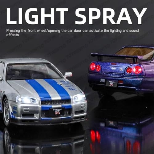 Image of 1:24 Nissan GT R34 Skyline Die-Cast Car Toy - Alloy Pullback Model with Lights, Sound & Opening Doors - Realistic Sports Car Toy for Kids & Collectors White