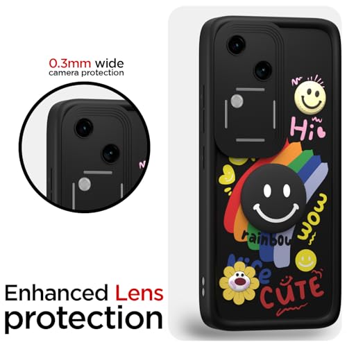 Image of Pikkme Back Cover for Vivo V30 5G / V30 Pro 5G | Soft Silicone| Cute Rainbow Smile & 3D Cartoon Flower Design | Shockproof Raised Camera Protection Bumper Case (Black)