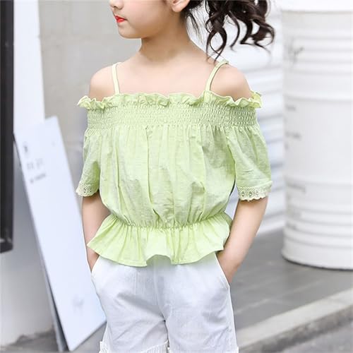 Girls Cute Summer Clothes Spaghetti Strap Smocked Off Shoulder Lace Short Sleeve Tops Solid Fashion Casual Clothes3