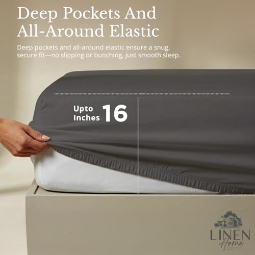 Image of Linen Home 2-Pack Queen Sheet Set, 100% Cotton Percale Bedding, 8-Piece Value Bundle, Deep Pocket Cooling Bedsheets for Hot Sleepers, Breathable & Crisp Hotel Quality Long-Staple Cotton Smoky Charcoal