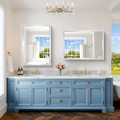 Image of 42x30 Silver Bathroom Mirror, Brushed Silver Rectangular Mirror for Wall, 0.6 inch Thickened Deep Frame Mirrors for Bathroom Sink, Shatterproof Tempered Glass, Antirust, Horizontally or Vertically