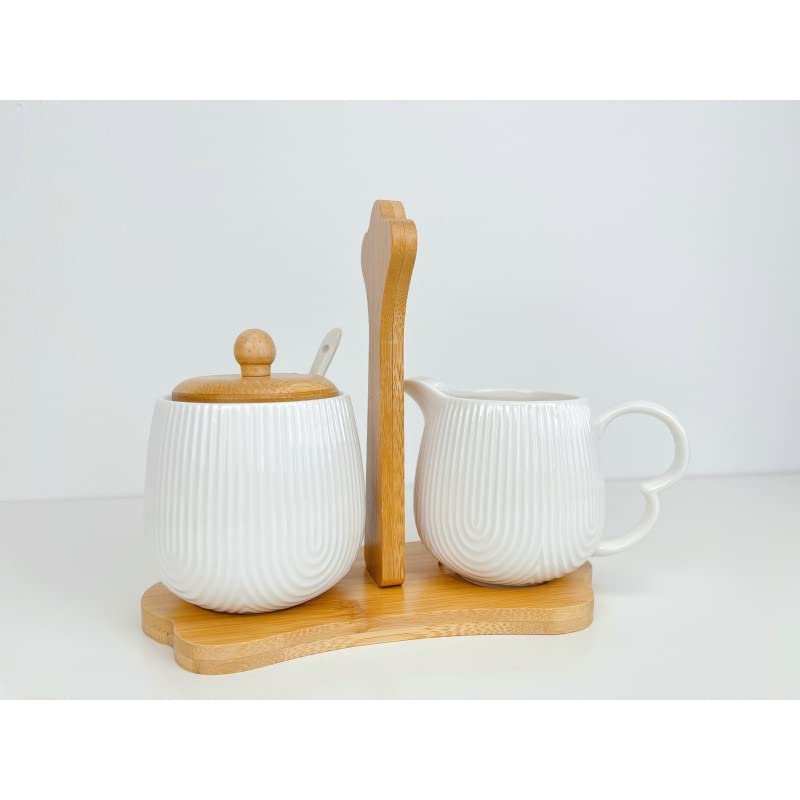 Ensemble pot à lait et sucrier en porcelaine blanche sur support en bois de bambou 12