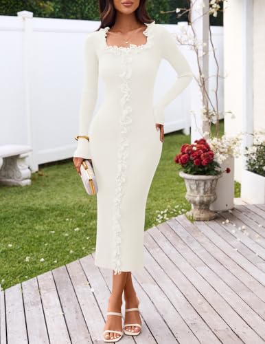 MEROKEETY Women's Fall Long Sleeve Sweater Dress 2025 Bodycon Square Neck Ruffle Ribbed Knit Midi Dresses2