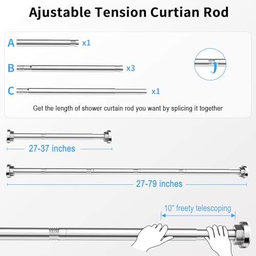 Image of Shower Curtain Rod 27-79 Inches, Adjustable Tension Shower Rod No Drilling, No Slip, Spring Tension Curtain Rod for Bathroom Kitchen Closet Windows - Silver