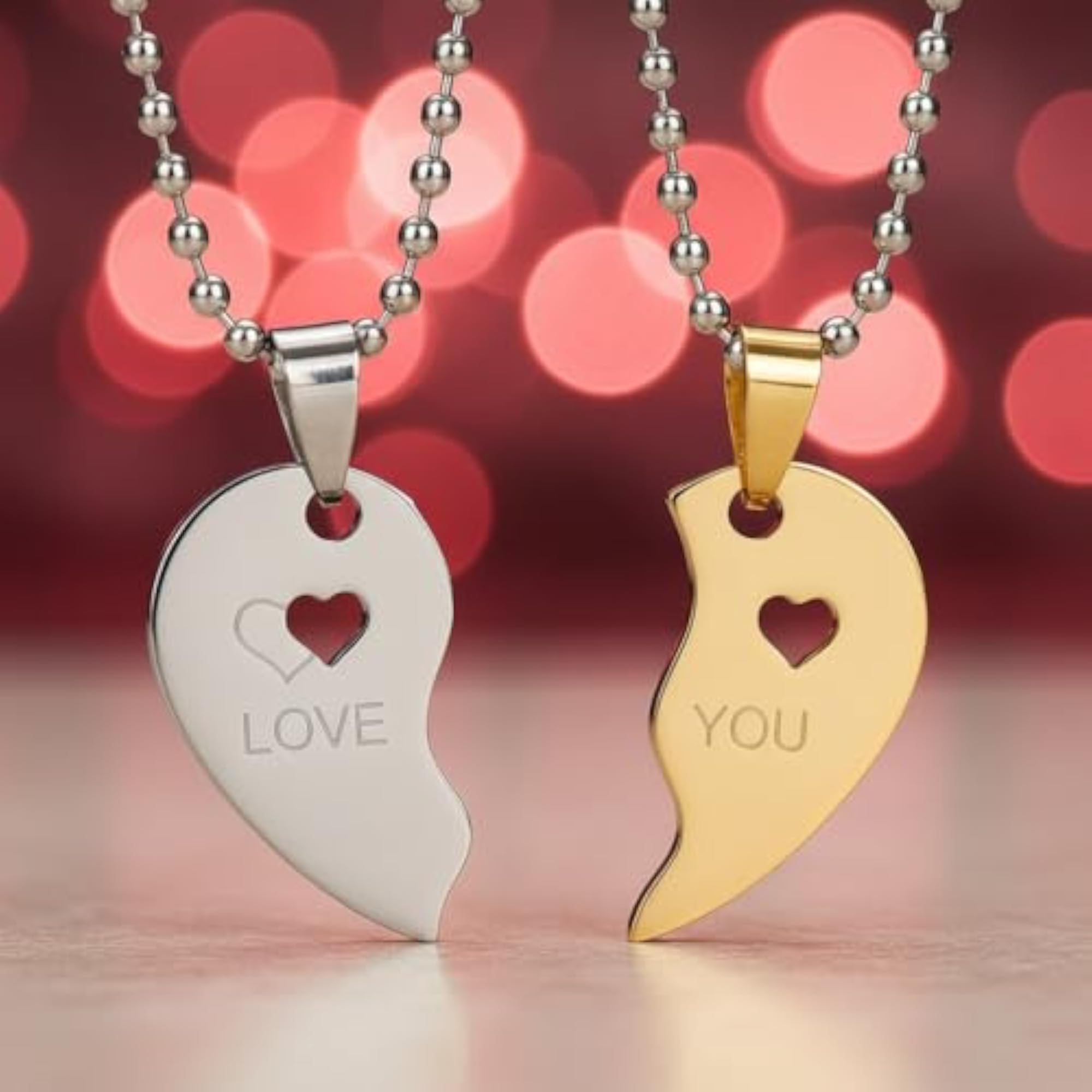 Couple Heart Pendant Necklace Set, Split Heart Engraved