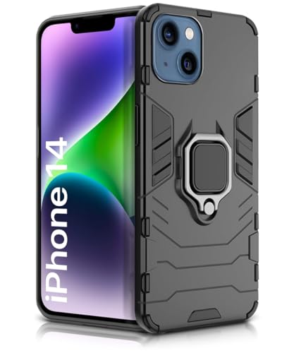 Image of WOW IMAGINE Shock Proof Back Case Mobile Cover for Apple iPhone 14 | Back Cover Case (Tough Armor | Hybrid PC + TPU | Ring Holder & in-Built Kickstand | Black)
