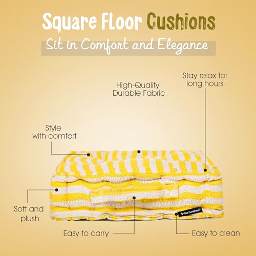 Image of Weaved Quilted Floor Cushion 60x60x10 cm Yellow Stripe with Cotton Filler Large Size for Seating, Patio Seat, Meditation, Yoga, Pooja, Guests, Living Room, Bedroom Size - 24x24x4 Inch