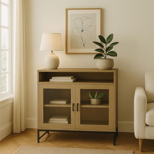 Melody Maison Two Door Reeded Glass Display Cabinet - Hesley Nordic Wood Range