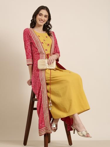 Image of SHOWOFFFF Women Solid Two-Piece Anarkali Ethnic Kurta | Round Neck Sleeveless Cotton Kurta for Womens | Regular Fit Ankle Length Kurta for Women's