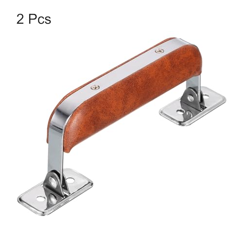 Image of uxcell 2Pcs Brown Leather, Metal Luggage Handle, Vintage Suitcase Replacement Strap, Pull Handle for Trunk Handbag Briefcase Speaker Box