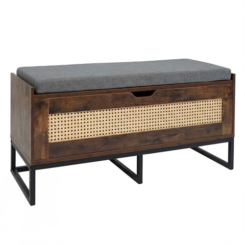 COSTWAY Puff Almacenaje de Ratán,100 x 35 x 44 cm, Banco para Zapatos de Mimbre con Asiento Acolchado, Banco Almacenaje con 2 Bisagras de Seguridad, Soporta 200 kg, para Dormitorio (Marrón Rústico)