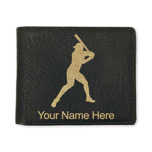 LaserGram Faux Leather Bi-Fold Wallet, Baseball Player 1, Personalized Engraving Included (Black with Gold)