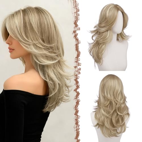 FESHFEN Goldblond Highlights Layered Perücken mit Vorhang Pony 50 cm Lange Mittelscheitel Lockige Perücke für Frauen Synthetische Hitzebeständig Haar Wig täglich Party Cosplay tragen