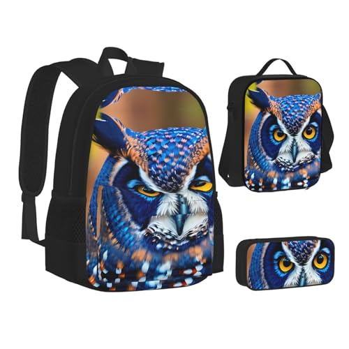 Blue Owl 3-Piece Set Backpack, Lunch Bag, And Pencil Case, Casual Cute Sets For Travel And College2