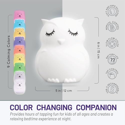 Image of MUID Owl Silicone Night Lamp | Rechargeable Nursery Night Light for Kids, Portable Color Changing LED Nightlight - Break Resistant, Eye Caring, Adjustable Brightness & Color and Time Setting