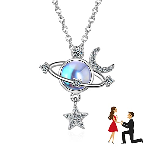 JUZICHEN Collier Pierre de Lune Argent 925 Pendentif Étoile Planète Boîte Cadeau, Chaîne Hypoallergénique Astéroïde Pour Femme et Fille