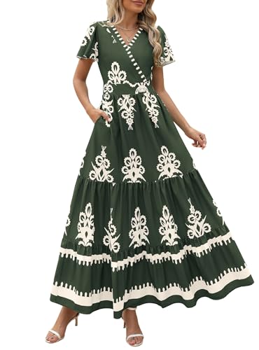 Image of PRETTYGARDEN Womens 2026 Summer Casual V Neck Boho Maxi Dress Flowy Aline Bell Sleeve Tiered Floral Dresses with Pocket