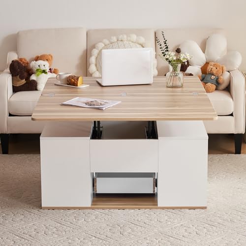 Hebbarer Multifunktions-Couchtisch - Tischplatte öffnet Sich zu 2 Tischen, Zwei Schubladen, Weiß + Originalholzfarbe, große Kapazität, Büro-Esstisch Freizeittisch Multifunktionstisch – Bild 4