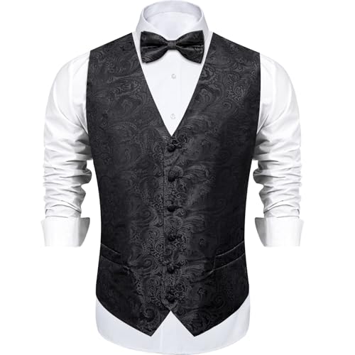 Image of DiBanGu Mens Paisley Suit Waistcoat,Silk Dress Vest and Bowtie Pocket Square Cufflinks with Lapel Pin Set for Wedding Tuxedo