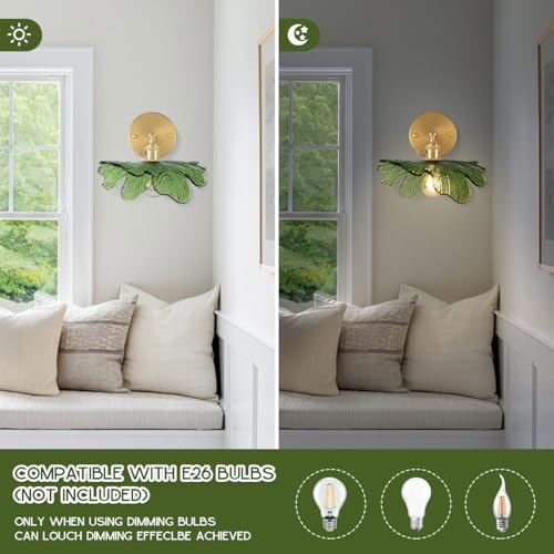 Image of Vanity Lights for Bathroom Mid Century Modern Wall Sconce Light Fixture Green Flower Glass Shade 90 Degree Adjustable Gold Sconce Hardwired Vintage Wall Lighting for Over Mirror Bath