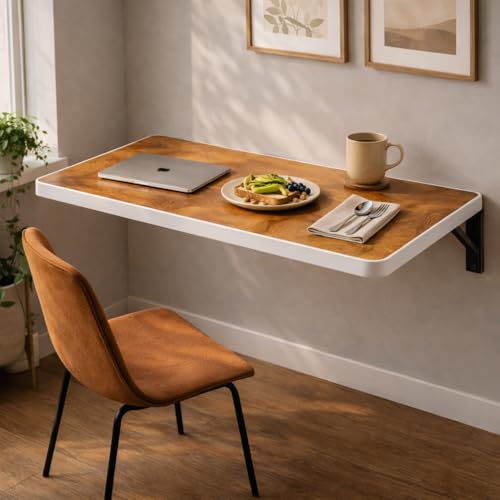 Image of Wall Mounted Folding Table | Space Saving Wooden Wall Desk with Rounded Corners & Heavy Duty Bracket | Foldable Study Table for Home, Office & More (Classic Brown, 16 X 32 Inches)
