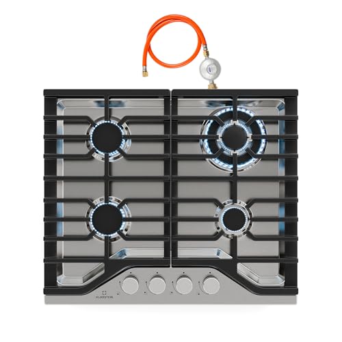 Klarstein Turbocast Placa de Gas, 4 Quemadores, Acero Inoxidable 304, Quemador Wok 3,4kW, Encendido Automático, Apagado de Seguridad, Kit Conversión GLP, Encimera Gas Profesional, 600×85×510mm
