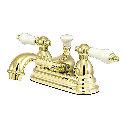 Free Shipping 🛒 Kingston Brass KS3602PL Restoration 4-Inch Centerset Lavatory Faucet with Porcelain Lever Handle, Polished Brass